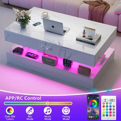 PAPROOS LED White Coffee Table with 2 Storage Drawers, 47" Modern High Glossy Coffee Tables with Open Display Shelf, 2 Tiers Rectangle Large Modern Center Table with Marbling Print for Living Room